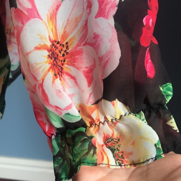 ASOS black floral 3/4 sleeves layered V neck see through top size 14 - Picture 9 of 12